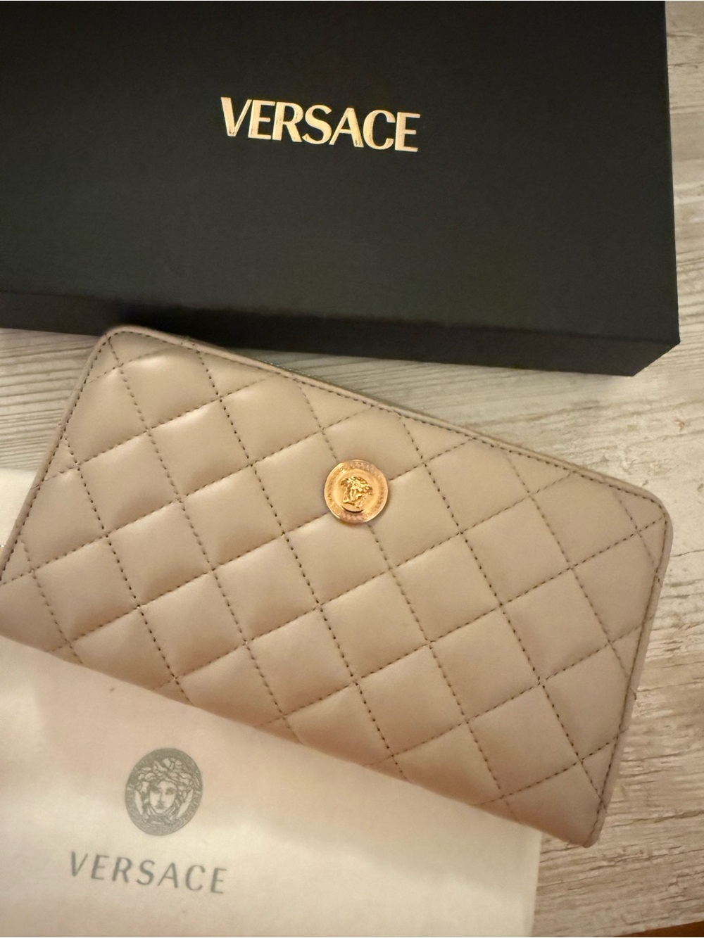 Versace Quilted Beige Leather Zip-Around Wallet with Gold Medallion